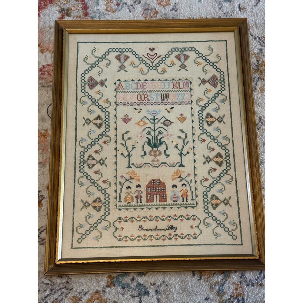 Vintage 1962 Hand Stitched Needlepoint Sampler Framed Grandma Frame 21x27